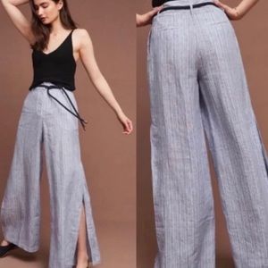 Anthropologie Elevenses Wide Leg Blue and White Stripe Linen Pants Size 8
